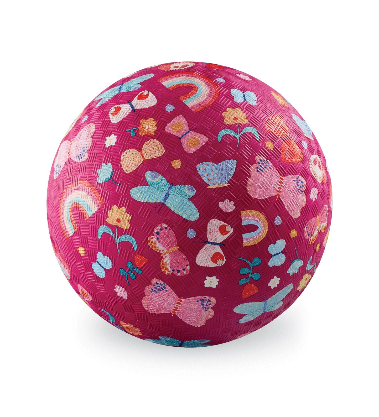 pink playground ball with butterflies and rainbows